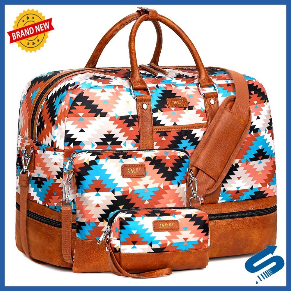 Large Canvas Travel Duffel Weekender Bag with Shoe Compartment 3Pcs Set